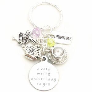 *NEW* A Very Merry Unbirthday to You Silver Charm Keychain Alice in Wonderland